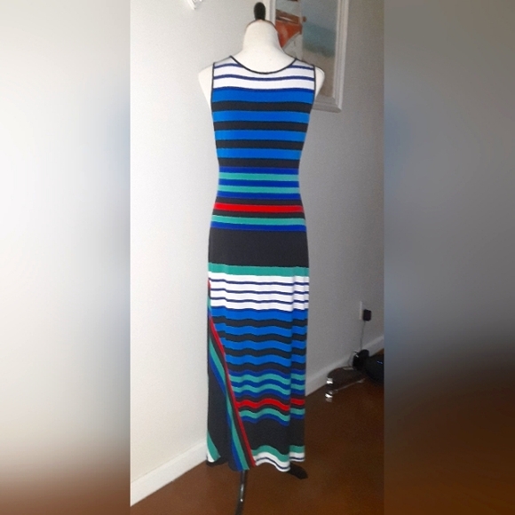 Ellen Tracy Multicolor Striped Tank Style Jersey Poly Knit Maxi Dress Size 6 - Picture 4 of 5
